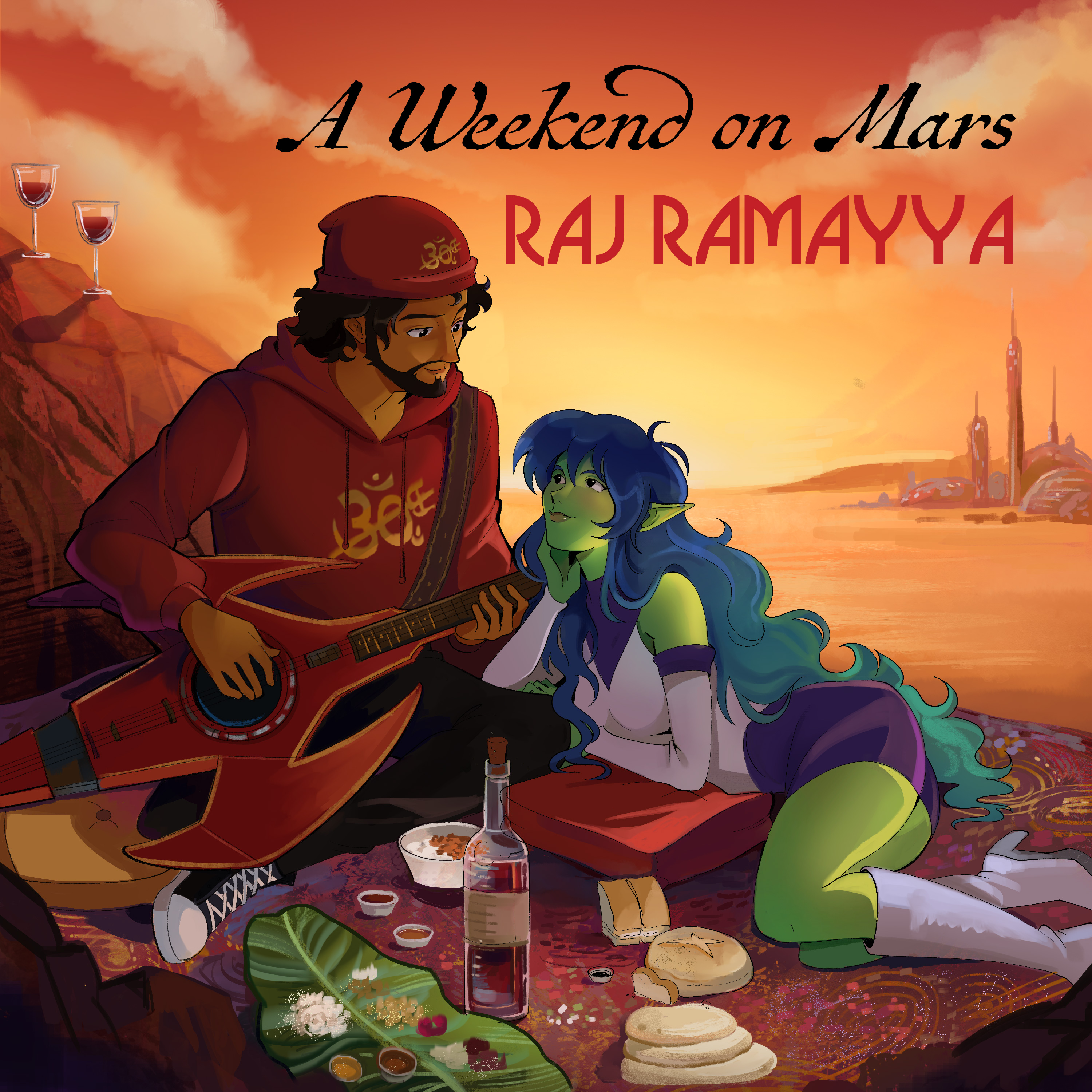 Official A Weekend on Mars album cover by Raj Ramayya, showing Ravi playing guitar beside Te-Purang on Mars