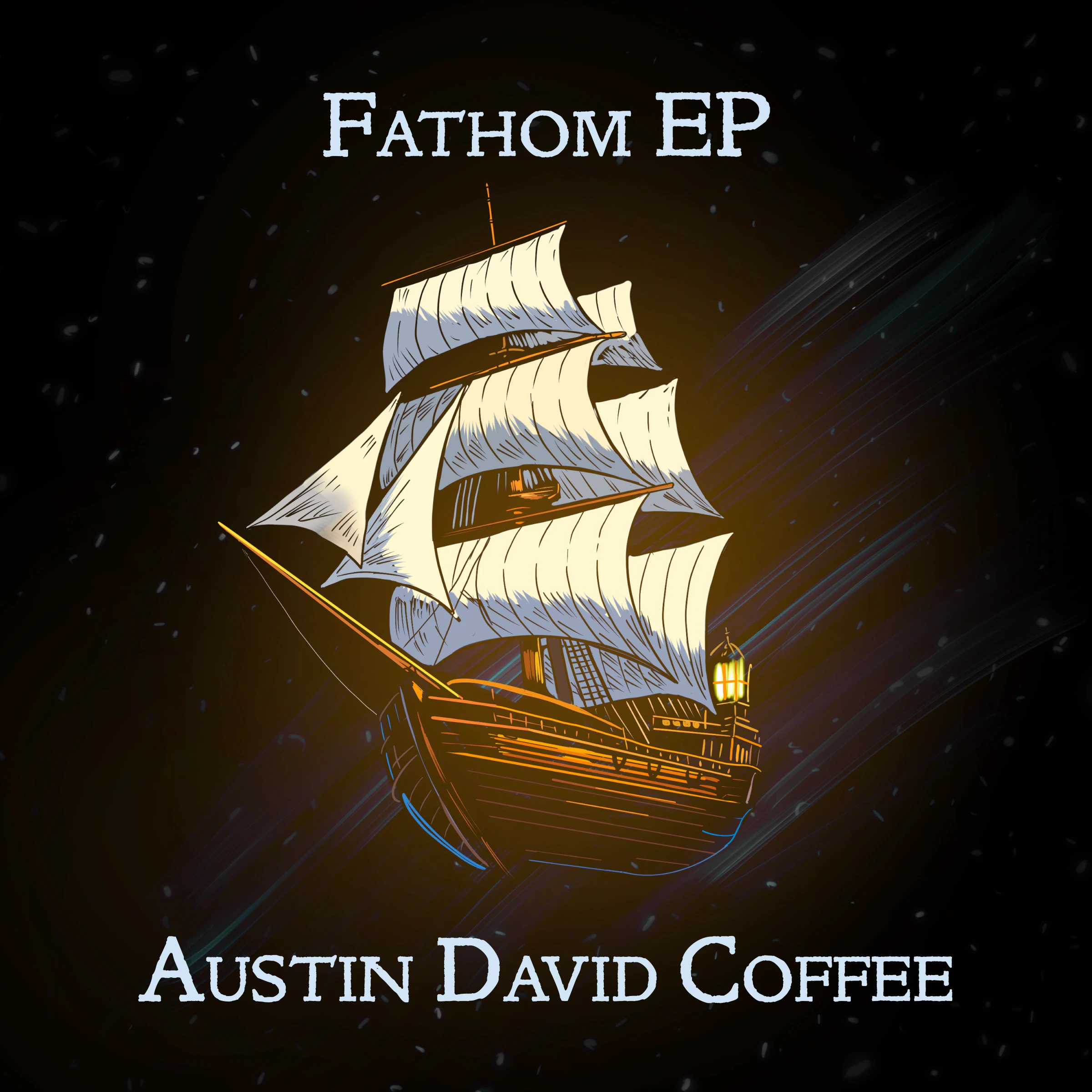 Fathom EP cover art depicting a lantern-lit sailing ship in space